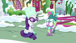 Size: 1280x720 | Tagged: safe, imported from derpibooru, screencap, rarity, spike, dragon, pony, unicorn, best gift ever, clothes, glasses, male, mare, scarf, shrunken pupils, sitting, snow, sunglasses, tail, tailboner, wide eyes