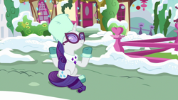 Size: 1280x720 | Tagged: safe, imported from derpibooru, screencap, rarity, pony, unicorn, best gift ever, clothes, female, mare, shrug, sitting, smiling, snow, solo, sunglasses, winter outfit