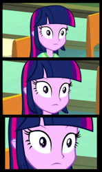 Size: 1080x1821 | Tagged: safe, edit, edited screencap, imported from derpibooru, screencap, twilight sparkle, totally legit recap, equestria girls, equestria girls (movie), female, oh god, reaction image, solo, thinking, thousand yard stare