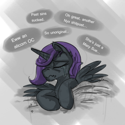 Size: 600x600 | Tagged: safe, artist:bigrigs, imported from derpibooru, oc, oc only, oc:nyx, alicorn, pony, fanfic:past sins, abuse, alicorn oc, crying, drama, female, filly, mary sue, nyxabuse, simple background, solo, text