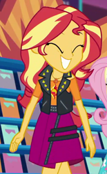 Size: 484x781 | Tagged: safe, imported from derpibooru, screencap, fluttershy, sunset shimmer, a fine line, equestria girls, equestria girls series, ^^, cropped, cute, eyes closed, female, geode of empathy, grin, happy, magical geodes, shimmerbetes, smiling, solo, solo focus