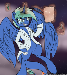 Size: 1600x1800 | Tagged: safe, artist:novaspark, imported from derpibooru, oc, oc only, oc:nova spark, alicorn, monster pony, original species, tatzlpony, alicornified, clothes, cloud, flying, lab coat, monster mare, race swap, solo, stars