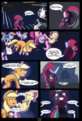 Size: 4750x7000 | Tagged: safe, alternate version, artist:chedx, imported from derpibooru, applejack, fluttershy, pinkie pie, rainbow dash, rarity, spike, storm king, tempest shadow, pony, comic:the storm kingdom, my little pony: the movie, absurd resolution, adventure, alternate hairstyle, alternate timeline, alternate universe, angry, applejack's hat, bad end, captured, comic, covering eyes, covering mouth, cowboy hat, crystal of light, cute, dashabetes, diapinkes, evil grin, eye scar, fanfic, fantasy, floppy ears, general tempest shadow, glowing scar, grin, hat, helmet, implied death, implied twilight sparkle, jackabetes, magic, mane six, raribetes, scar, screaming, shocked, shocked expression, shyabetes, smiling, the bad guy wins, upside down, wavy mouth