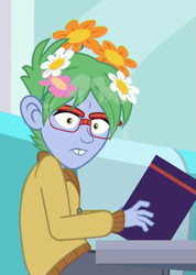 Size: 459x645 | Tagged: safe, imported from derpibooru, screencap, celery stalk, coinky-dink world, eqg summertime shorts, equestria girls, background human, clothes, cropped, flower, flower in hair, glasses, male, solo