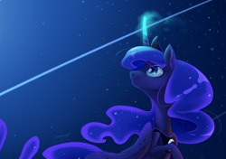 Size: 900x635 | Tagged: safe, alternate version, artist:bronyseph, imported from derpibooru, princess luna, alicorn, pony, bust, female, glowing horn, looking up, magic, mare, night, night sky, peytral, raised hoof, shooting star, signature, sky, smiling, solo, starry night