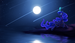 Size: 3600x2100 | Tagged: safe, artist:bronyseph, imported from derpibooru, princess luna, alicorn, pony, cute, female, full moon, glowing horn, high res, looking up, lunabetes, magic, mare, moon, night, night sky, ocean, peytral, raised hoof, reflection, shooting star, shooting stars, signature, sky, smiling, solo, starry night, water