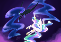 Size: 5200x3600 | Tagged: safe, artist:bronyseph, imported from derpibooru, nightmare moon, princess celestia, alicorn, crying, fangs, female, fight, flying, glowing horn, mare, open mouth, sad, sharp teeth, teeth