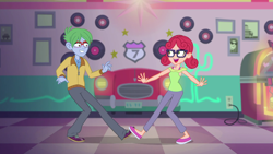 Size: 1280x720 | Tagged: safe, imported from derpibooru, screencap, alizarin bubblegum, celery stalk, coinky-dink world, eqg summertime shorts, equestria girls, alizary, background human, clothes, dancing, glasses, male, pants, shoes, smiling