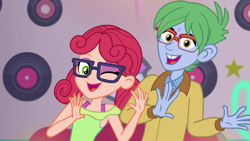 Size: 1280x720 | Tagged: safe, imported from derpibooru, screencap, alizarin bubblegum, celery stalk, coinky-dink world, eqg summertime shorts, equestria girls, alizary, bra, bra strap, clothes, dancing, female, glasses, looking at you, male, one eye closed, smiling, underwear, wink