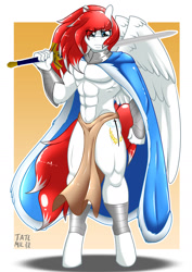 Size: 1280x1810 | Tagged: safe, artist:tatemil, imported from derpibooru, oc, oc only, oc:apollo airlerson, anthro, unguligrade anthro, bracelet, cape, clothes, commission, excalibur, jewelry, loincloth, male, partial nudity, solo, topless