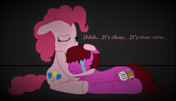 Size: 1051x601 | Tagged: safe, artist:logan jones, imported from derpibooru, pinkie pie, oc, oc:logan berry, comforting, crying, dark room, female, floppy ears, hug, implied pinkamena, loganpie, male, messy mane, paranoia, paranoid, sad, shhh