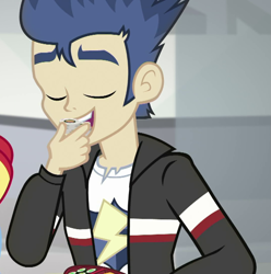 Size: 713x720 | Tagged: safe, imported from derpibooru, screencap, flash sentry, eqg summertime shorts, equestria girls, good vibes, clothes, cropped, eyes closed, food, jacket, male, sushi