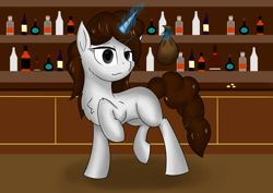 Size: 1754x1240 | Tagged: safe, artist:hugo231929, imported from derpibooru, oc, oc only, pony, unicorn, alcohol, looking at you, money bag, smug, solo