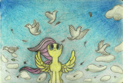 Size: 1730x1170 | Tagged: safe, artist:mfg637, imported from derpibooru, fluttershy, pony, colored pencil drawing, female, solo, spread wings, traditional art, wings