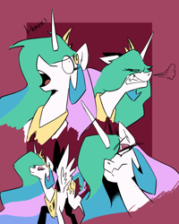 Size: 800x1000 | Tagged: safe, artist:tigerdehavilland, imported from derpibooru, princess celestia, alicorn, pony, abstract background, angry, derp, eyes closed, eyeshadow, fangs, female, frown, glare, gritted teeth, honk, lidded eyes, looking back, looking up, majestic as fuck, makeup, mare, open mouth, smiling, snorting, solo, spread wings, swanlestia, unamused, wavy mouth, wide eyes, wings