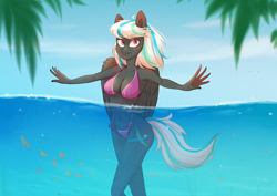 Size: 3508x2480 | Tagged: safe, artist:shiro-roo, imported from derpibooru, oc, oc only, oc:crosswind, anthro, pegasus, bikini, breasts, cleavage, clothes, female, solo, spread arms, swimsuit, water, ych result