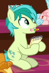 Size: 362x538 | Tagged: safe, imported from derpibooru, screencap, cozy glow, sandbar, smolder, earth pony, pegasus, pony, what lies beneath, cropped, cutie mark, female, filly, male, mouth hold, offscreen character, teenager