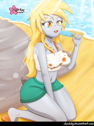 Size: 746x1000 | Tagged: safe, artist:clouddg, imported from derpibooru, derpy hooves, equestria girls, beach, belly button, breasts, busty derpy hooves, clothes, female, food, midriff, multiple variants, open mouth, popsicle, sand, shorts, signature, solo, water