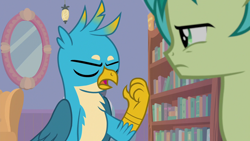 Size: 1280x720 | Tagged: safe, imported from derpibooru, screencap, gallus, sandbar, earth pony, griffon, pony, what lies beneath, bookshelf, chest fluff, eyes closed, male, wings