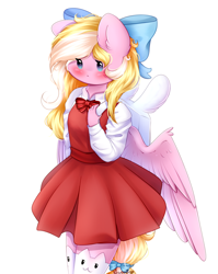 Size: 2000x2517 | Tagged: safe, artist:sweesear, imported from derpibooru, oc, oc only, oc:bay breeze, anthro, pegasus, blushing, bow, cat socks, chibi, clothes, cute, dress, female, hair bow, mare, simple background, socks, tail bow, white background