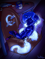 Size: 1400x1800 | Tagged: safe, artist:darkvulpes, imported from derpibooru, princess luna, alicorn, pony, gamer luna, armchair, belly, chair, clothes, controller, cute, cutie mark, dualshock controller, ethereal mane, female, fluffy, food, glowing mane, horn, mare, marshmallow, pillow, sleeping, slippers, smiling, solo, starry mane, table, tea, tulpa, weapons-grade cute, wings