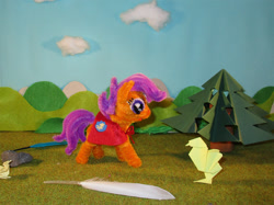 Size: 1334x1000 | Tagged: safe, artist:malte279, imported from derpibooru, scootaloo, bird, chicken, cape, chenille, chenille stems, chenille wire, clothes, craft, feather, pipe cleaner sculpture, pipe cleaners, scootachicken, tree
