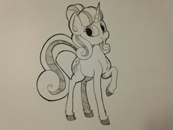 Size: 2576x1944 | Tagged: safe, artist:paskanaakka, derpibooru exclusive, imported from derpibooru, oc, oc only, oc:cerulean swirls, pony, unicorn, black and white, female, grayscale, ink, mare, monochrome, raised hoof, smiling, solo, traditional art