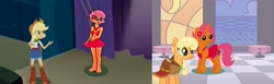 Size: 3021x935 | Tagged: safe, artist:leandrovalhalla, imported from derpibooru, applejack, oc, oc:dance illusions, equestria girls, barefoot, canterlot, canterlot high, clothes, dress, equestria girls-ified, feet, gala dress