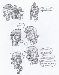 Size: 1260x1597 | Tagged: safe, artist:kuroneko, derpibooru exclusive, imported from derpibooru, shining armor, changeling, pony, unicorn, grayscale, hiding in plain sight, male, monochrome, paper-thin disguise, royal guard, royal guard armor, shining armor is a goddamn moron, simple background, stallion, traditional art, white background