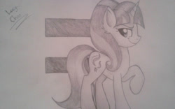 Size: 1024x641 | Tagged: safe, artist:enviaart, artist:envygirl95, imported from derpibooru, starlight glimmer, pony, unicorn, cutie mark background, equal sign, female, gray background, grayscale, mare, monochrome, pencil drawing, raised hoof, signature, simple background, solo, traditional art