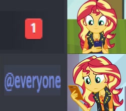 Size: 1219x1080 | Tagged: safe, edit, edited screencap, editor:apex soundwave, imported from derpibooru, screencap, sunset shimmer, equestria girls, equestria girls series, text support, @everyone, discord (program), female, happy, meme, notification, notification meme, reaction image, sad, solo