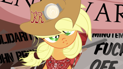 Size: 2200x1238 | Tagged: safe, artist:aaronmk, imported from derpibooru, applejack, bandana, communism, gun, hat, messy mane, mouthpiece, politics, redneck revolt, vulgar, weapon