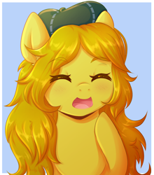 Size: 2560x2905 | Tagged: safe, artist:fluffymaiden, imported from derpibooru, oc, oc only, oc:marigold, pony, beret, commission, eyes closed, female, hat, mare, smiling, solo