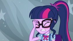 Size: 1920x1080 | Tagged: safe, imported from derpibooru, screencap, sci-twi, twilight sparkle, equestria girls, equestria girls series, star crossed, blushing, facepalm, female, geode of telekinesis, magical geodes, ponytail, solo