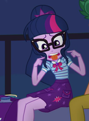 Size: 426x582 | Tagged: safe, imported from derpibooru, screencap, sci-twi, timber spruce, twilight sparkle, equestria girls, equestria girls series, star crossed, adorkable, cropped, cute, dork, geode of telekinesis, magical geodes, offscreen character, solo focus, tongue out