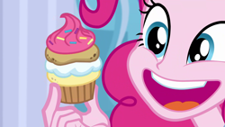 Size: 1920x1080 | Tagged: safe, imported from derpibooru, screencap, pinkie pie, equestria girls, equestria girls series, super squad goals, :d, cupcake, cute, diapinkes, faic, female, food, happy, ponk, puffcake, solo