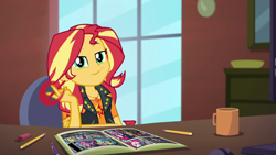 Size: 1920x1080 | Tagged: safe, imported from derpibooru, screencap, sunset shimmer, equestria girls, equestria girls series, super squad goals, breaking the fourth wall, eraser, female, fourth wall, geode of empathy, looking at you, magical geodes, marker, mug, pencil, smugset shimmer, solo, sunset's apartment