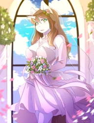 Size: 3138x4096 | Tagged: safe, artist:hakkids2, imported from derpibooru, oc, oc only, anthro, unicorn, anthro oc, bouquet, breasts, bride, chest fluff, cleavage, cleavage fluff, clothes, cloud, dress, female, flower, flower in hair, gloves, long gloves, looking at you, mare, open mouth, plant, signature, sky, solo, wedding dress, window