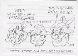 Size: 1783x1297 | Tagged: safe, artist:dilarus, deleted from derpibooru, imported from derpibooru, apple bloom, scootaloo, sweetie belle, earth pony, pegasus, pony, unicorn, advice, bow, cutie mark crusaders, dialogue, female, filly, grayscale, hair bow, lined paper, literally hell, medium awareness, monochrome, pure unfiltered evil, simple background, traditional art, trio, white background