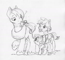 Size: 2003x1849 | Tagged: safe, artist:dilarus, deleted from derpibooru, imported from derpibooru, apple bloom, applejack, big macintosh, earth pony, pony, alternate hairstyle, apple siblings, female, filly, foal, gray background, grayscale, male, monochrome, puzzle, question mark, siblings, simple background, teenage applejack, teenager, traditional art, trio, white background