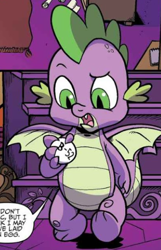 Size: 315x488 | Tagged: safe, artist:pencils, idw, imported from derpibooru, spike, dragon, spoiler:comic, spoiler:comic70, bingo balls, claws, cropped, male, speech bubble, spread wings, winged spike, wings