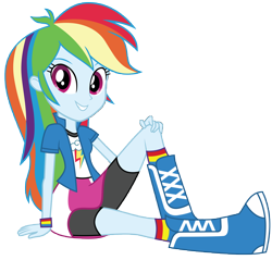 Size: 12300x11775 | Tagged: safe, artist:famousmari5, imported from derpibooru, rainbow dash, equestria girls, absurd resolution, boots, clothes, compression shorts, cute, female, shoes, shorts, simple background, sitting, skirt, smiling, socks, solo, transparent background, vector