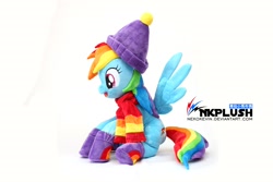 Size: 4096x2730 | Tagged: safe, artist:nekokevin, imported from derpibooru, rainbow dash, pegasus, pony, clothes, cute, dashabetes, female, hat, irl, mare, open mouth, photo, plushie, scarf, simple background, sitting, smiling, socks, solo, spread wings, watermark, white background, wings, winter outfit