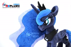 Size: 4096x2730 | Tagged: safe, artist:nekokevin, imported from derpibooru, princess luna, alicorn, pony, female, irl, mare, peytral, photo, plushie, regalia, simple background, smiling, solo, watermark, white background