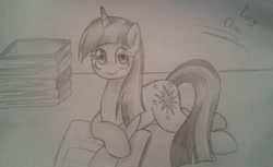 Size: 781x479 | Tagged: safe, artist:enviaart, artist:envygirl95, imported from derpibooru, twilight sparkle, pony, unicorn, book, female, gray background, grayscale, mare, monochrome, prone, simple background, solo, traditional art, unicorn twilight