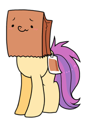Size: 750x1100 | Tagged: safe, artist:paperbagpony, derpibooru exclusive, imported from derpibooru, oc, oc only, oc:paper bag, earth pony, pony, 2019 community collab, derpibooru community collaboration, blushing, cute, fake cutie mark, female, mare, ocbetes, paper bag, scrunchy face, simple background, smiling, solo, transparent background, wavy mouth