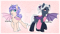 Size: 1024x584 | Tagged: safe, artist:askbubblelee, imported from derpibooru, oc, oc only, bat pony, pony, apron, bat pony oc, clothes, duo, fangs, female, grumpy, male, mare, raised hoof, slit eyes, slit pupils, smiling, stallion, unshorn fetlocks, watermark