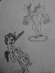 Size: 1280x1708 | Tagged: safe, artist:cartooniste2z, imported from derpibooru, fluttershy, oc, crossover, fight, final fantasy, fire, ponysona, sword, traditional art, weapon