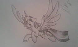 Size: 960x576 | Tagged: safe, artist:enviaart, artist:envygirl95, imported from derpibooru, twilight sparkle, alicorn, pony, eyes closed, female, flying, gray background, grayscale, happy, monochrome, open mouth, signature, simple background, solo, spread wings, traditional art, twilight sparkle (alicorn), wings