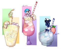 Size: 1065x864 | Tagged: safe, artist:sonpufum, imported from derpibooru, oc, oc:mystical kelly, oc:shabaco, pegasus, pony, unicorn, cup, food, group, ice, orange, simple background, straw, strawberry